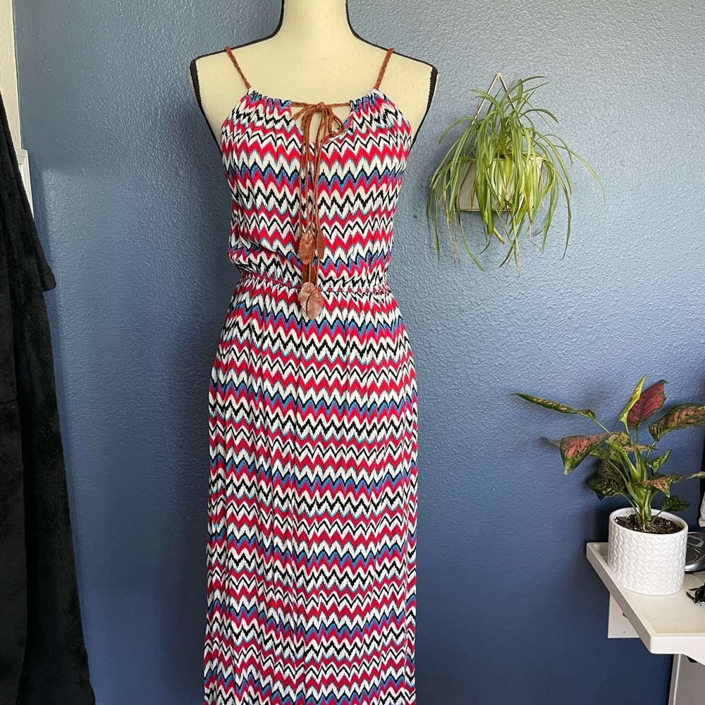 Striped midi (or maxi) adjustable halter dress - size small/medium